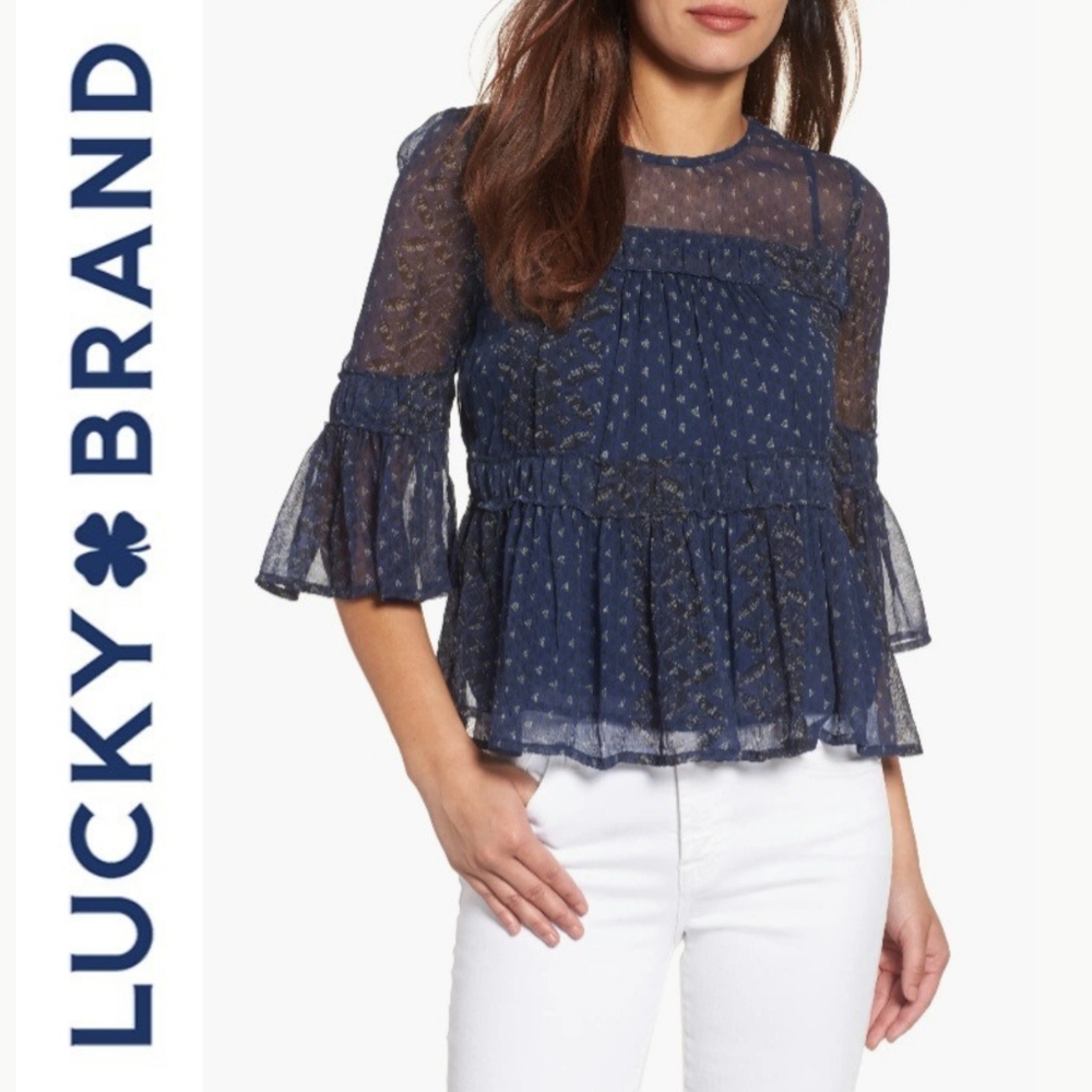 Lucky Brand flowy slighty sheer Peasant Top
